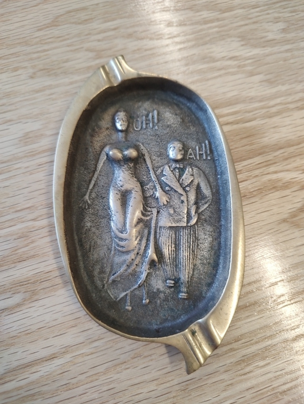 Metal Ashtray with Sculpted Couple. Vintage Risque Art Noveau.